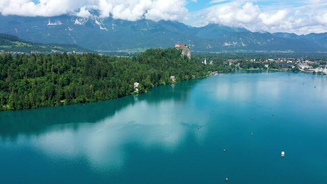 Bled, Slovenia, aerial view of beautiful Bled Castle (Blejski Grad) with Lake Bled (Blejsko Jezero), the Church of the Assumption of Maria on a bright summer day. Bled, Slovenia.