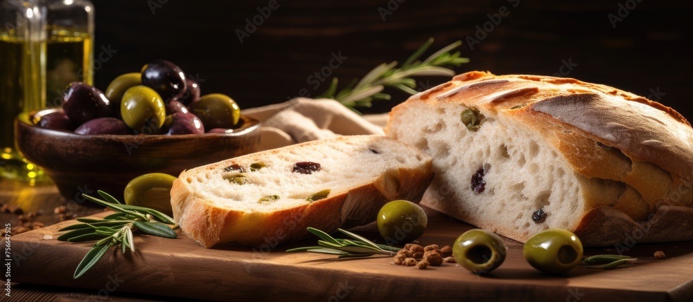 Wall mural a loaf of bread with olives sits on a cutting board alongside a bowl of olives and a bottle of olive