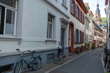 Heidelberg, Altstadt empty narrow street, Germany. German architecture. Parked bike on pavement.