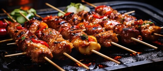 A variety of skewers with meat and vegetables are roasting on the grill, creating delicious finger...