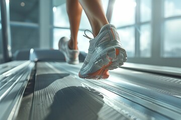Person walking on treadmill feet and lower legs only