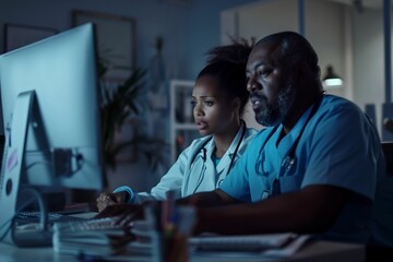 Doctor and nurse looking at computer screen discussing treatment plans late at night in hospital
