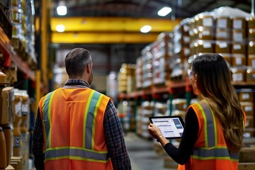 Male and female workers in a warehouse looking at a tablet