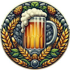 Round sign or emblem of a beer bar, restaurant, manufacturer, warehouse, store. Coasters for Beer, color tattoo, print on clothes, poster for a man's den or cave - obrazy, fototapety, plakaty