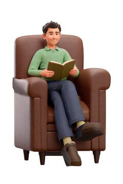 a young man sits in a chair and reads a book in 3D image on a transparent background