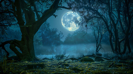 This is a photo of a forest at night. The full moon is shining through the trees, and there is a mist on the ground.