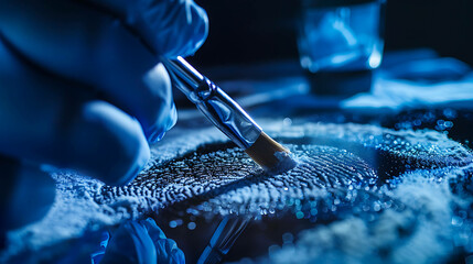 A gloved hand dusting a fingerprint at a crime scene with a brush. - obrazy, fototapety, plakaty