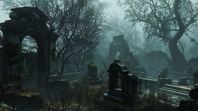 A dark and foggy cemetery with a large ornate gate and a broken fence. The tombstones are old and weathered, and the trees are bare and twisted.