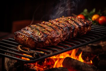 Delicious grilled pork beef steaks sliced and Barbecue chuck beef ribs with fire flames background