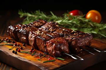 Delicious grilled pork beef steaks sliced and Barbecue chuck beef ribs with wooden cutting board