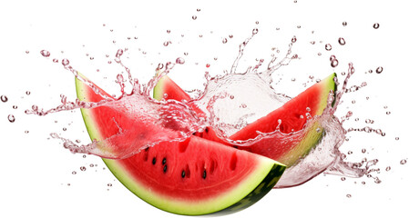 A watermelon is sliced in half and is surrounded by water droplets