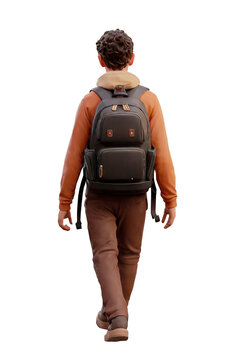a young man walks with a backpack behind his back in a 3D image on a transparent background