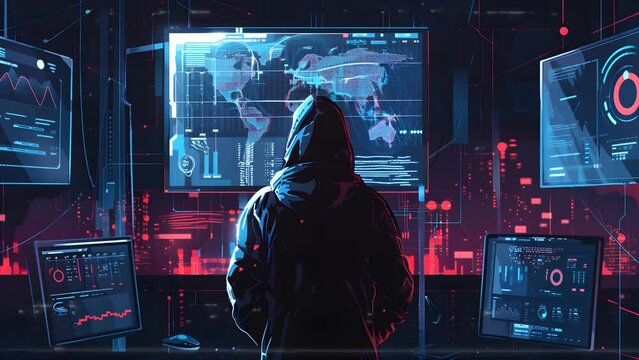 a person in a hooded jacket looking at a computer screen. Seamless Looping 4k Video Animation