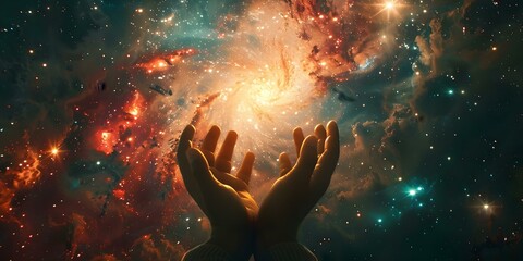 Celestial hands in praise amidst cosmic background radiating spiritual energy. Concept Spiritual Energy, Celestial Background, Praise Gesture, Cosmic Vibes, Heavenly Hands - obrazy, fototapety, plakaty