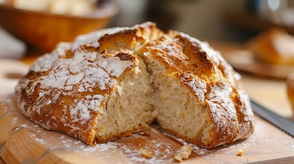 Artisanal Irish soda bread with a rustic crust and dusted with flour on a wooden cutting board