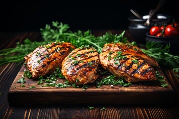 Juicy marinate grilled healthy chicken breasts BBQ and sesame parsley and tomato with wooden cutting board background