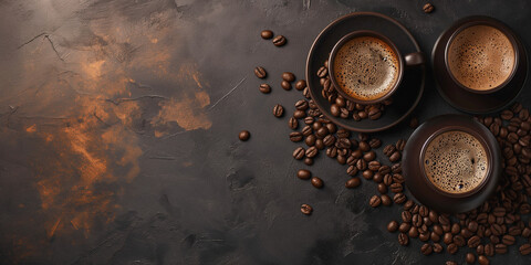 Brown roasted coffee beans of the best quality on a natural background. Cup of fresh caffe espresso, cafeteria and restaurant copy space background.