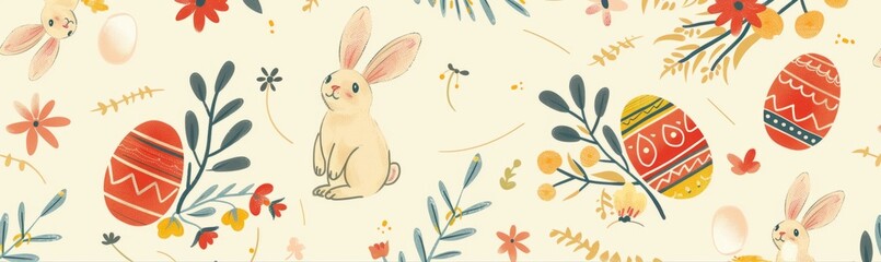 Easter pattern with rabbits, eggs and flowers in pastel colors on a white background Generative AI
