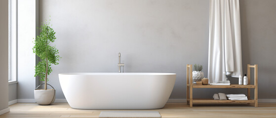 Bathroom interior with a white bathtub with a towel 