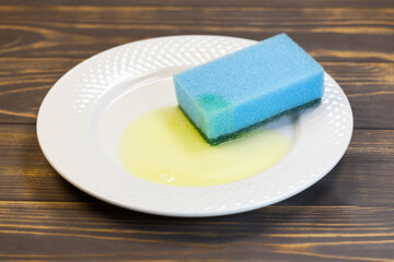 Blue sponge for washing dishes on the white plate. Things for kitchen house cleaning.