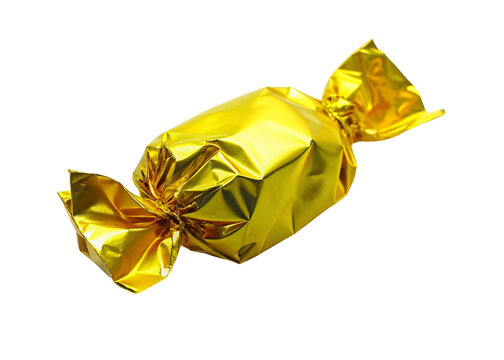 Candy in golden wrapper isolated on transparent background.