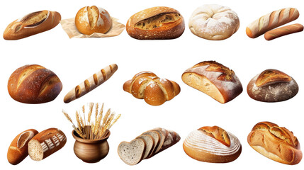 A delightful assortment of freshly baked breads with various shapes and textures, isolated on a black background.