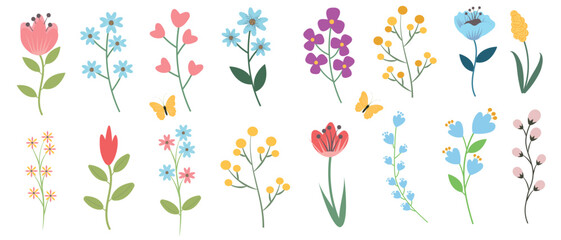 Set of beautiful spring and summer flowers, leaves, plants for creating floral bouquets. Hand drawn vector illustration. - obrazy, fototapety, plakaty