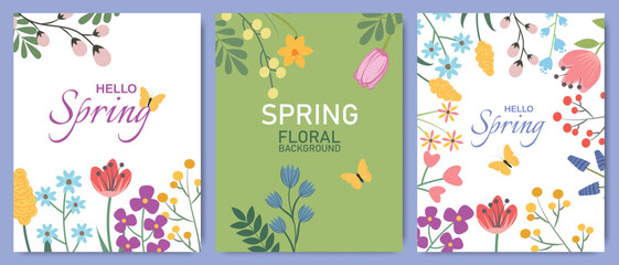 Collection of modern botanical floral backgrounds. Minimalist fashionable design with hand drawn spring flowers and leaves. Vector template for greeting card, banner, poster.