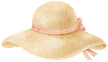 Cute Straw Hat with ribbon watercolor illustration for Summer Decorative Element