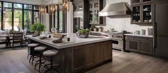 Luxurious kitchen with island, pendant lights, cabinets, wooden floors, tile back splash, and stainless steel appliances