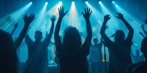 Christian Faith Concept: Worshipers Praising with Raised Hands at Nighttime Music Event. Concept Christian Faith, Worshipers, Praising, Raised Hands, Nighttime Music Event