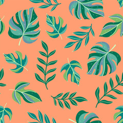 Seamless pattern with tropical leaves on a peach background. Vector graphics.