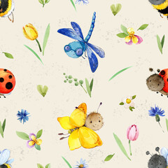 Cute childish seamless pattern with hand drawn cartoon Butterfly. Background with butterflies for kids. Great for birthday, fabric, textile, cards, wrapping. Watercolor illustration - 756652590