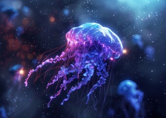 jellyfish swimming with glowing tentacles in the dark ocean. artistic aquatic life by jellyfish