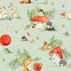 Hand Drawn Seamless Watercolor Pattern with Cute Mushrooms and Forest Animals. Cute drawing doodle cartoon characters. Design for scrapbooking, paper goods, background, wallpaper, fabric  - 756652597