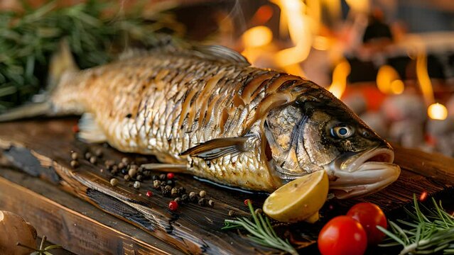 Tasty Grilled Fish: Still Hot on Cutting Board, Mouthwatering Seafood Treat. Seamless Looping 4k Video Animation