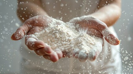 Fototapeta premium Close-up of baker's hands holding fresh flour with a sense of happiness