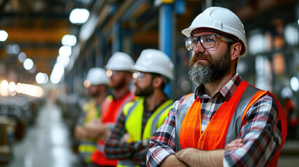 Group of construction workers in a manufacturing setting, with a focus on a bearded man in the foreground