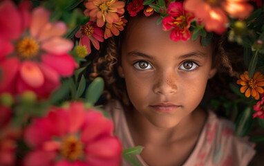 Portrait of a cute little girl and big colorful blooming flower