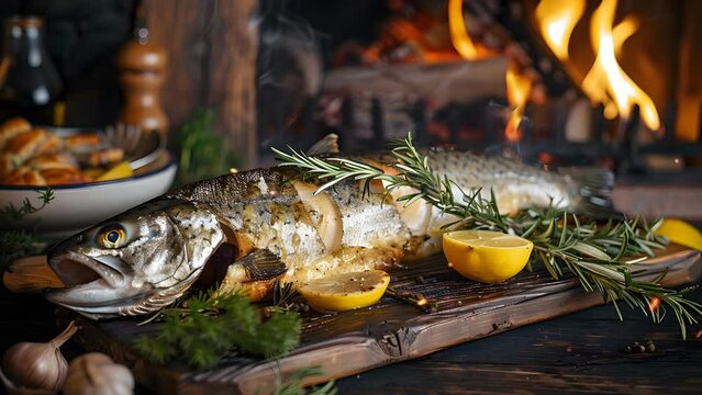 Freshly Grilled Fish: Hot and Ready on Cutting Board, Delicious Seafood Dish. Seamless Looping 4k Video Animation
