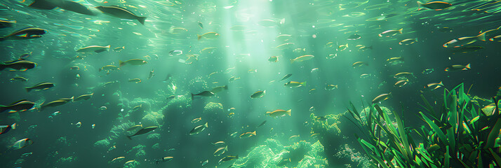 Fototapeta na wymiar Underwater world, seaweeds and water plants waving in idyllic clean waters.