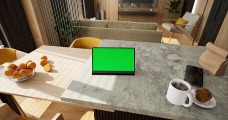 Tablet place on kitchen table, Green screen touchscreen, Close up display digital with mock up - 756653379