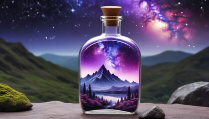 Obraz premium bottle filled with cosmos and mountains