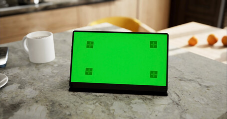 Tablet place on kitchen table, Green screen touchscreen, Close up display digital with mock up - 756653703