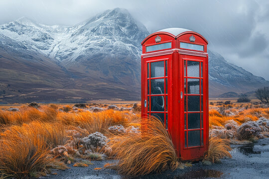 A typical red phone booth in the middle of the countryside with a snow-capped mountain range in the background