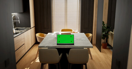 Tablet place on kitchen table, Green screen touchscreen, Close up display digital with mock up - 756653994