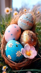 Fototapeta premium Hand-Painted Easter Eggs Nestled in a Bed of Hay with Spring Flowers