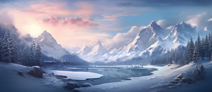 A picturesque natural landscape painting depicting a snowy mountain range with an ice cap, a river running through it, under a cloudy sky