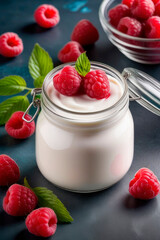 Delicious yogurt or parfait with raspberries sauce and raspberries in glass jar on a light grey...
