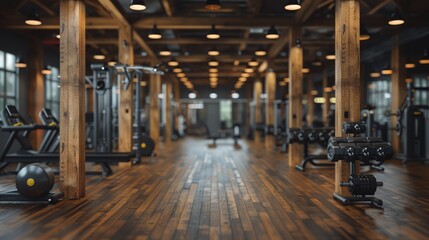 Blurred gym interior background, sport fitness equipment banner.